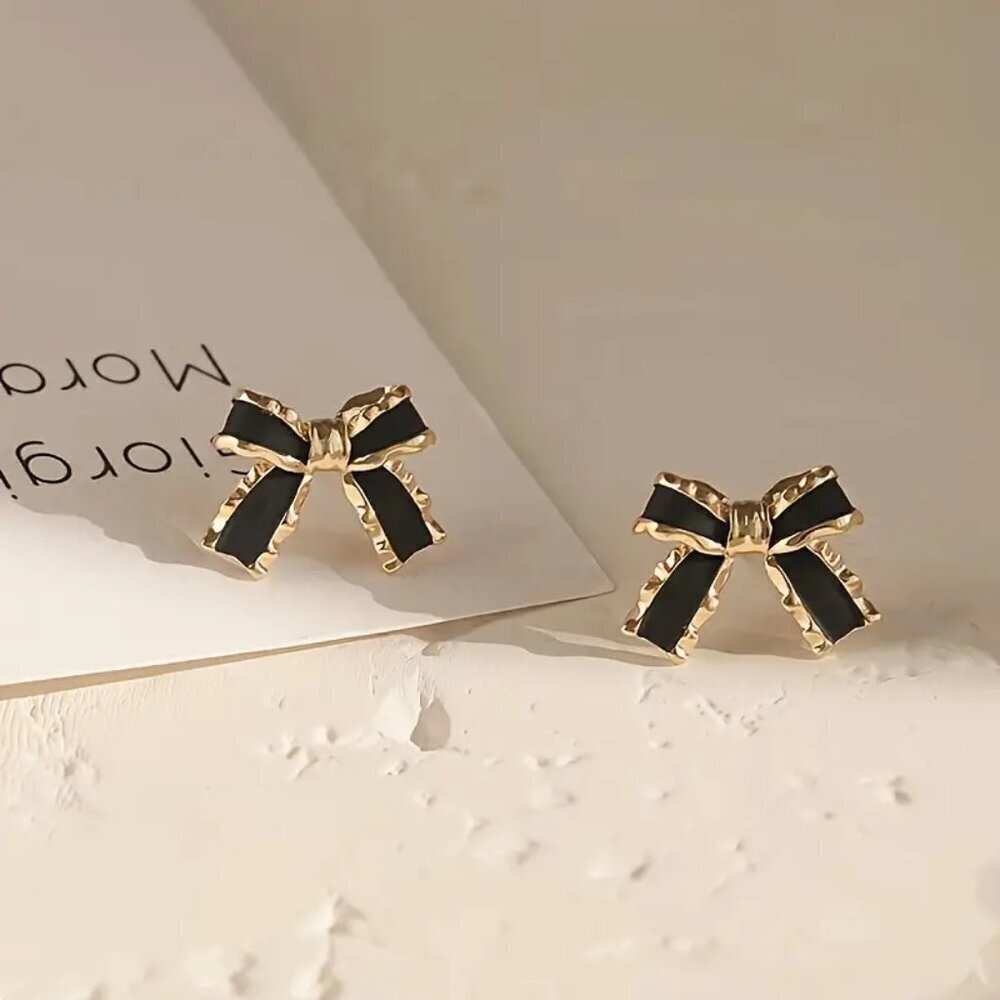 NEW Black coquette bow earrings, black & gold bow jewelry gold bow stud earrings